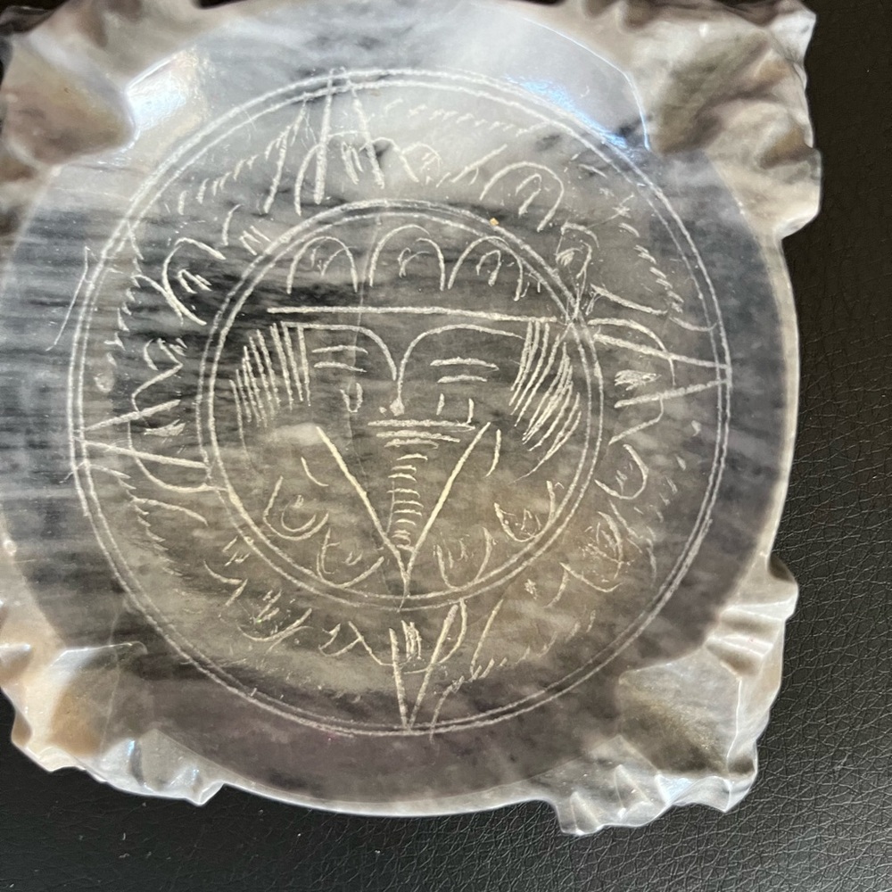 Hand Carved Alabaster Stone Mayan Aztec Design Footed Trinket Tray